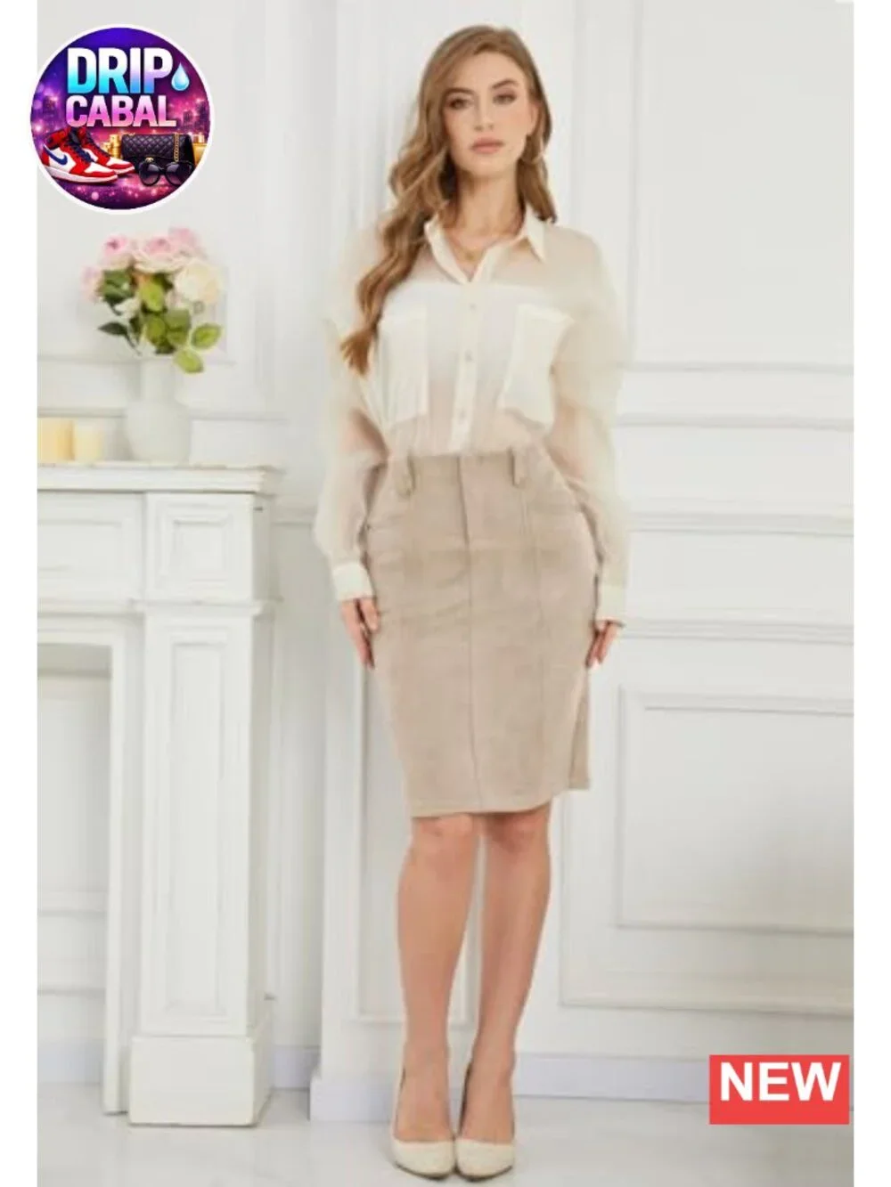 Faux Suede High Waisted Knee Length Bodycon Skirt with Pockets and Back Slit
